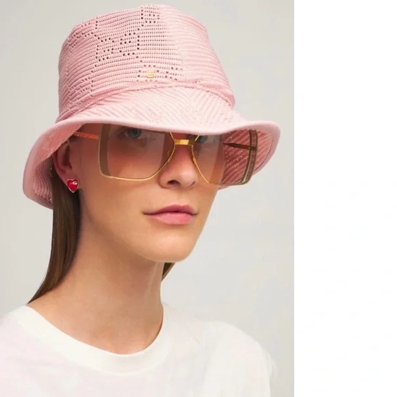 NWT Authentic Gucci Malibu Leather-trimmed Crocheted Bucket Hat Pink M Malibu - Crochet Weave Toquilla Straw Bucket Hat | Artesano  main image 4